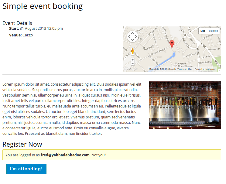 Screenshot of the the booking form which consists only of a registration button