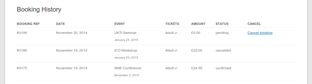 Screenshot of the booking history shortcode