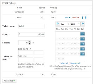 Screenshot showing the ticket option fields: ticket name, price, space, dates on sale and dates for which the ticket can be purchased