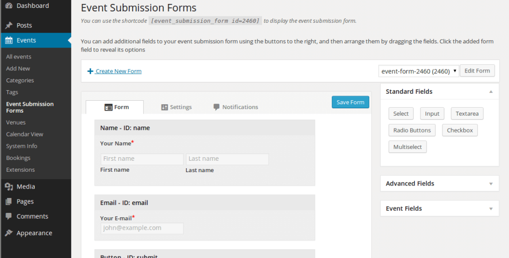 Screenshot of the form customiser